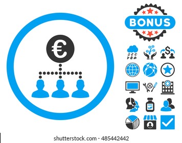 Euro Payment Clients icon with bonus pictogram. Vector illustration style is flat iconic bicolor symbols, blue and gray colors, white background.