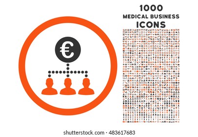 Euro Payment Clients rounded vector bicolor icon with 1000 medical business icons. Set style is flat pictograms, orange and gray colors, white background.