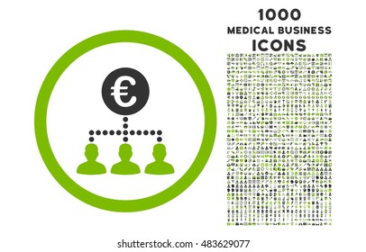 Euro Payment Clients rounded vector bicolor icon with 1000 medical business icons. Set style is flat pictograms, eco green and gray colors, white background.
