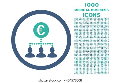 Euro Payment Clients rounded vector bicolor icon with 1000 medical business icons. Set style is flat pictograms, cobalt and cyan colors, white background.