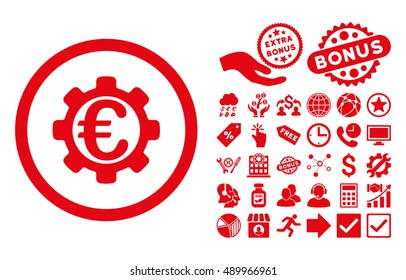 Euro Payment Options pictograph with bonus images. Vector illustration style is flat iconic symbols, red color, white background.