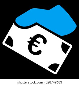 Euro Payment vector icon. Style is bicolor flat symbol, blue and white colors, rounded angles, black background.
