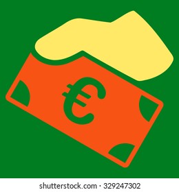 Euro Payment vector icon. Style is bicolor flat symbol, orange and yellow colors, rounded angles, green background.