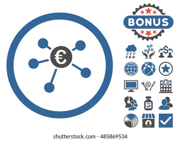Euro Payments icon with bonus pictogram. Vector illustration style is flat iconic bicolor symbols, cobalt and gray colors, white background.