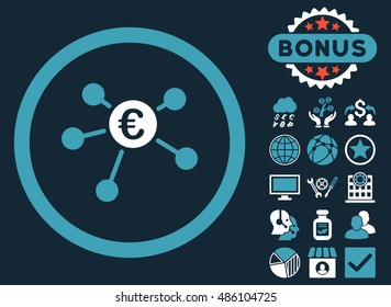 Euro Payments icon with bonus symbols. Vector illustration style is flat iconic bicolor symbols, blue and white colors, dark blue background.