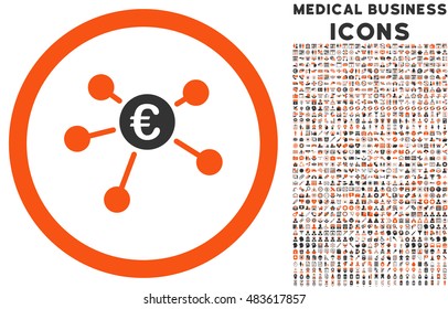 Euro Payments rounded vector bicolor icon with 1000 medical business icons. Set style is flat pictograms, orange and gray colors, white background.