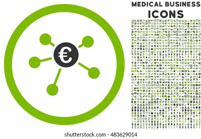 Euro Payments rounded vector bicolor icon with 1000 medical business icons. Set style is flat pictograms, eco green and gray colors, white background.