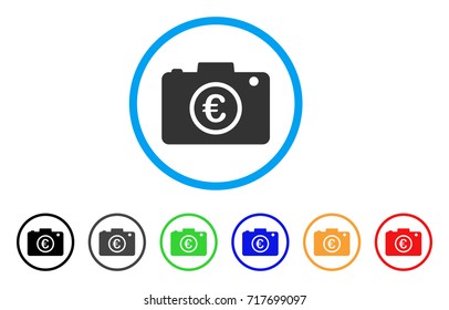 Euro Photo rounded icon. Style is a flat euro photo grey symbol inside light blue circle with black, gray, green, blue, red, orange color versions. Vector designed for web and software interfaces.