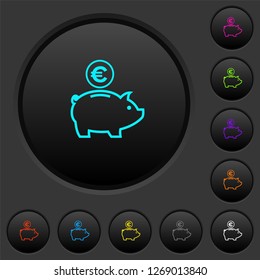 Euro piggy bank dark push buttons with vivid color icons on dark grey background