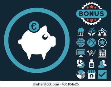 Euro Piggy Bank icon with bonus pictures. Vector illustration style is flat iconic bicolor symbols, blue and white colors, dark blue background.