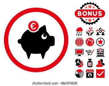 Euro Piggy Bank icon with bonus pictures. Vector illustration style is flat iconic bicolor symbols, intensive red and black colors, white background.