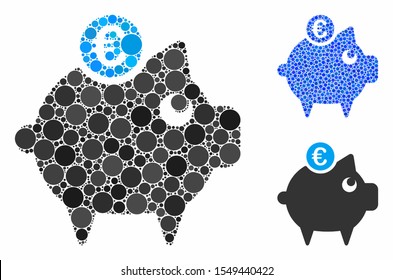 Euro piggy bank mosaic of small circles in variable sizes and color tints, based on Euro piggy bank icon. Vector small circles are united into blue composition.
