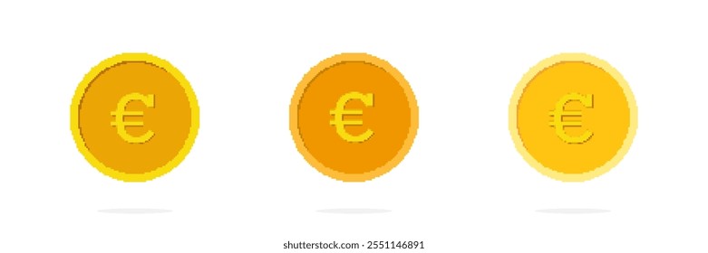 Euro Pixel Art Gold Coin Icon Set. Coin Symbol for Digital Finance in Europe. Digital Currency Sign. 8-Bit Video Game Concept. Isolated Vector Illustration.