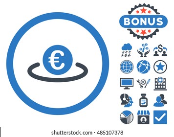 Euro Placement icon with bonus design elements. Vector illustration style is flat iconic bicolor symbols, smooth blue colors, white background.