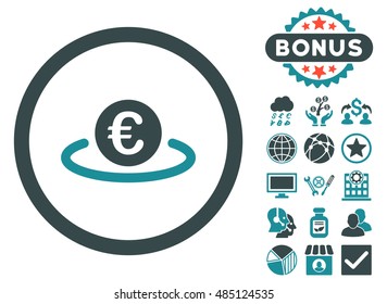 Euro Placement icon with bonus elements. Vector illustration style is flat iconic bicolor symbols, soft blue colors, white background.