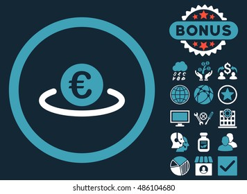 Euro Placement icon with bonus pictogram. Vector illustration style is flat iconic bicolor symbols, blue and white colors, dark blue background.