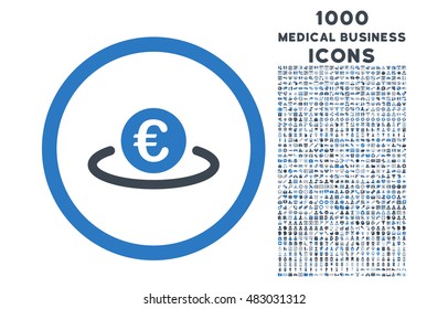 Euro Placement rounded vector bicolor icon with 1000 medical business icons. Set style is flat pictograms, smooth blue colors, white background.