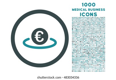 Euro Placement rounded vector bicolor icon with 1000 medical business icons. Set style is flat pictograms, soft blue colors, white background.