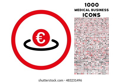 Euro Placement rounded vector bicolor icon with 1000 medical business icons. Set style is flat pictograms, intensive red and black colors, white background.