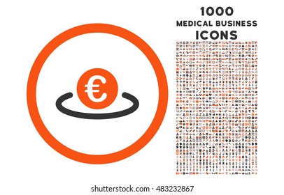 Euro Placement rounded vector bicolor icon with 1000 medical business icons. Set style is flat pictograms, orange and gray colors, white background.