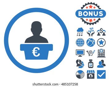 Euro Politician icon with bonus pictogram. Vector illustration style is flat iconic bicolor symbols, smooth blue colors, white background.