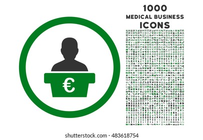 Euro Politician rounded vector bicolor icon with 1000 medical business icons. Set style is flat pictograms, green and gray colors, white background.