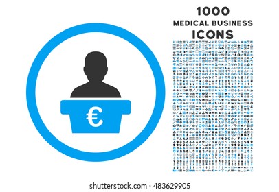 Euro Politician rounded vector bicolor icon with 1000 medical business icons. Set style is flat pictograms, blue and gray colors, white background.