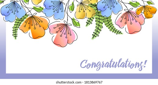 euro post card cute vector ornament of multicolored poppy flowers on a white background in the style of linear hand drawing and watercolor