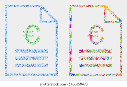Euro price page mosaic icon of triangle items which have different sizes and shapes and colors. Geometric abstract vector illustration of euro price page.
