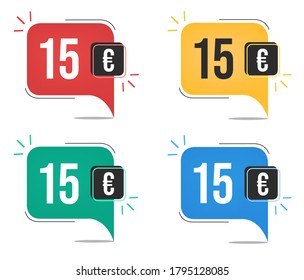 €15 euro price. Yellow, red, blue and green currency tags. Balloon concept with fifteen euros for sales.