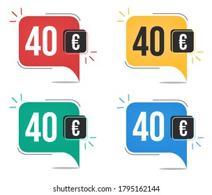 €40 euro price. Yellow, red, blue and green currency tags. Balloon concept with forty euros for sales.