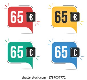 €65 euro price. Yellow, red, blue and green currency tags. Balloon concept with sixty-five euros sales tag.