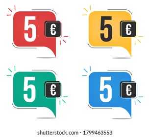 €5 euro price. Yellow, red, blue and green currency tags. Balloon concept with five euros sales tag.