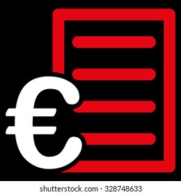 Euro Pricelist vector icon. Style is bicolor flat symbol, red and white colors, rounded angles, black background.