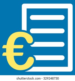 Euro Pricelist vector icon. Style is bicolor flat symbol, yellow and white colors, rounded angles, blue background.