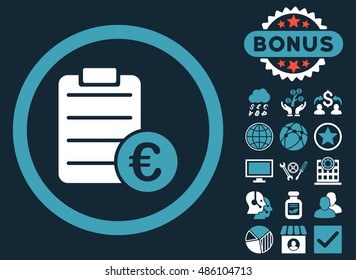 Euro Prices icon with bonus elements. Vector illustration style is flat iconic bicolor symbols, blue and white colors, dark blue background.