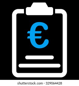 Euro Prices vector icon. Style is bicolor flat symbol, blue and white colors, rounded angles, black background.