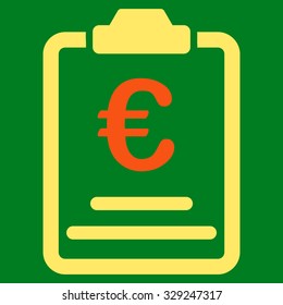 Euro Prices vector icon. Style is bicolor flat symbol, orange and yellow colors, rounded angles, green background.