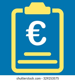 Euro Prices vector icon. Style is bicolor flat symbol, yellow and white colors, rounded angles, blue background.