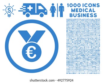 Euro Prize Medal icon with 1000 medical commerce cobalt vector pictographs. Design style is flat symbols, white background.