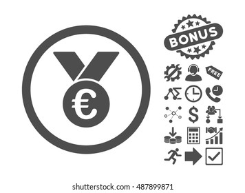 Euro Prize Medal pictograph with bonus symbols. Vector illustration style is flat iconic symbols, gray color, white background.