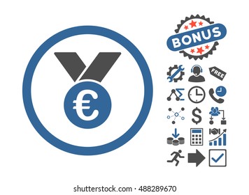 Euro Prize Medal pictograph with bonus pictures. Vector illustration style is flat iconic bicolor symbols, cobalt and gray colors, white background.