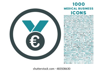 Euro Prize Medal rounded vector bicolor icon with 1000 medical business icons. Set style is flat pictograms, soft blue colors, white background.