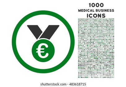 Euro Prize Medal rounded vector bicolor icon with 1000 medical business icons. Set style is flat pictograms, green and gray colors, white background.