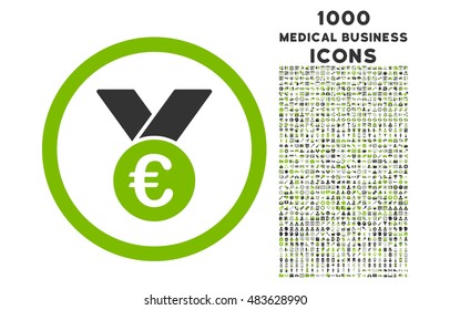 Euro Prize Medal rounded vector bicolor icon with 1000 medical business icons. Set style is flat pictograms, eco green and gray colors, white background.