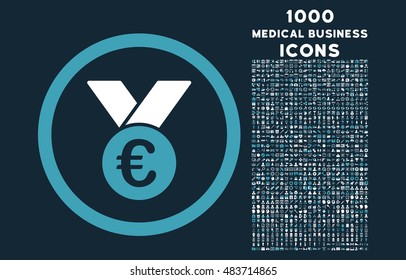 Euro Prize Medal rounded vector bicolor icon with 1000 medical business icons. Set style is flat pictograms, blue and white colors, dark blue background.