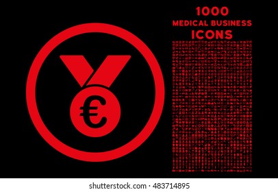 Euro Prize Medal rounded vector icon with 1000 medical business icons. Set style is flat pictograms, red color, black background.
