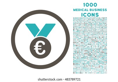 Euro Prize Medal rounded vector bicolor icon with 1000 medical business icons. Set style is flat pictograms, grey and cyan colors, white background.