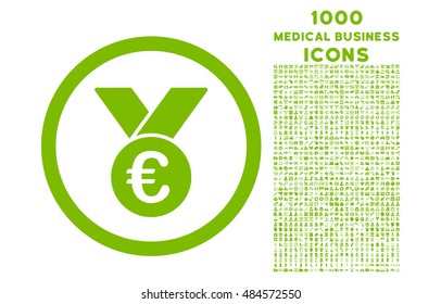 Euro Prize Medal rounded vector icon with 1000 medical business icons. Set style is flat pictograms, eco green color, white background.