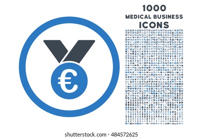 Euro Prize Medal rounded vector bicolor icon with 1000 medical business icons. Set style is flat pictograms, smooth blue colors, white background.